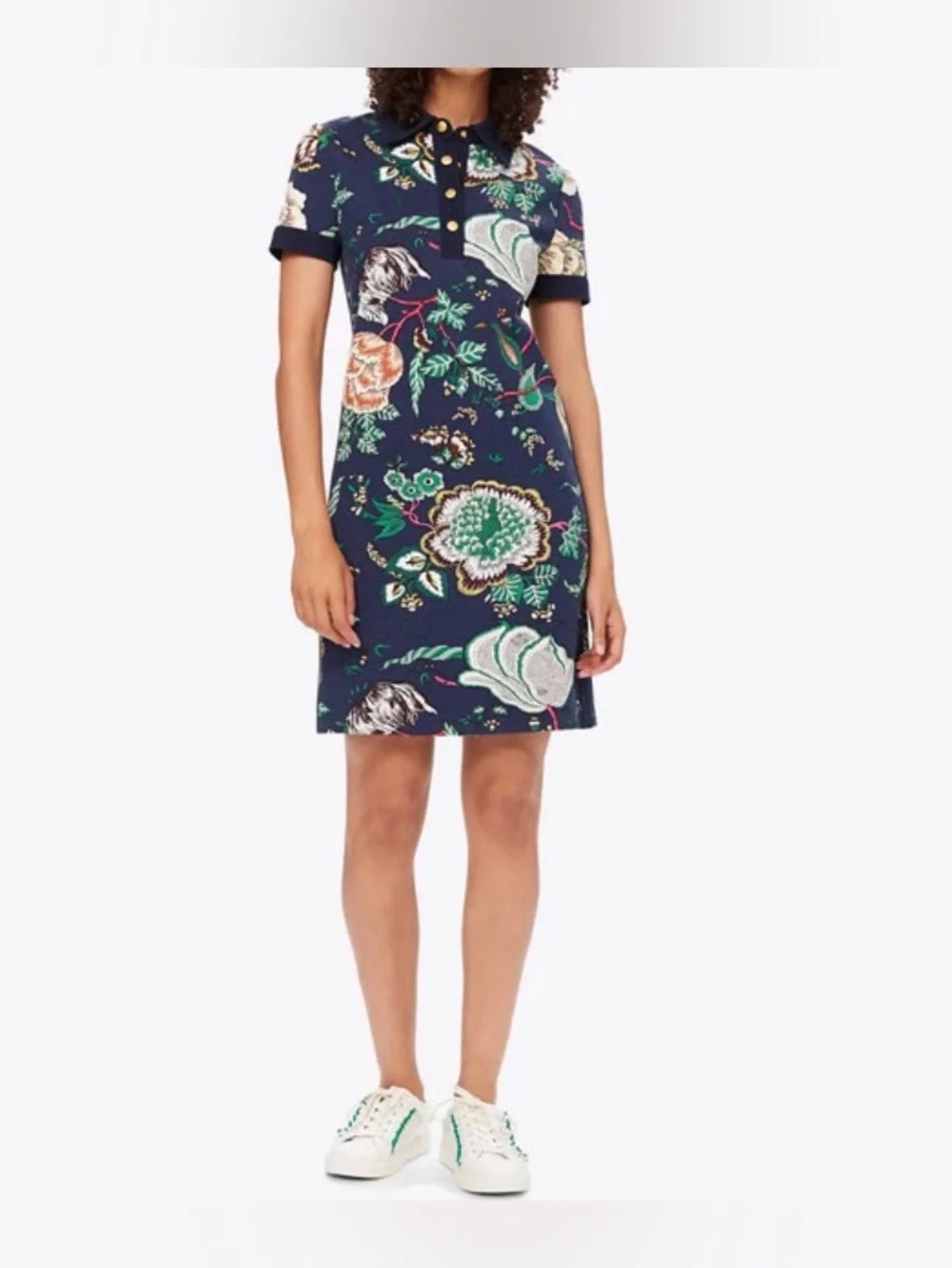 Tory Burch Stretch Ponte Polo Dress Happy Times Floral Gold Navy Pink Medium